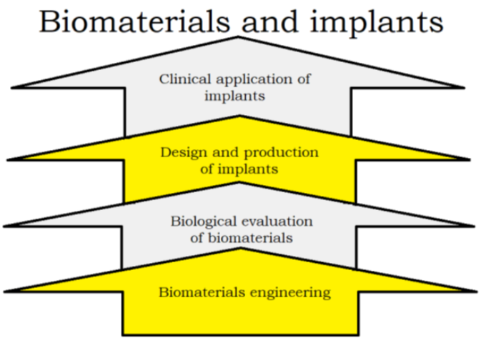 Biomaterials and implants - diagram showing: Clinical application of implants, Design and production of implants, Biological evaluation of biomaterials, Biomaterials engineering